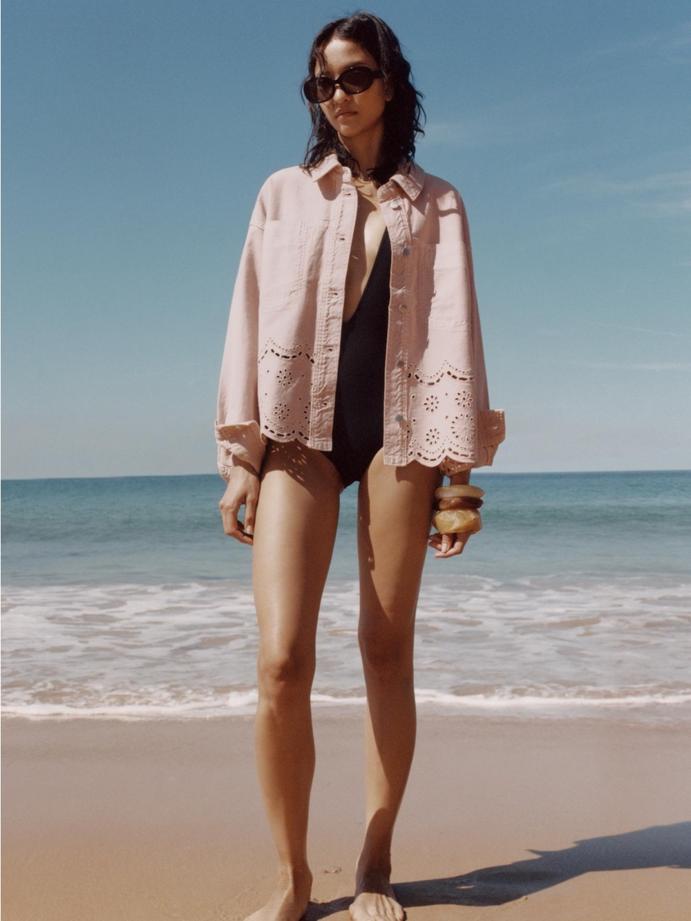 Zara Blush Pink Eyelet-Hem Denim Jean Jacket M L XL - Picture 2 of 16